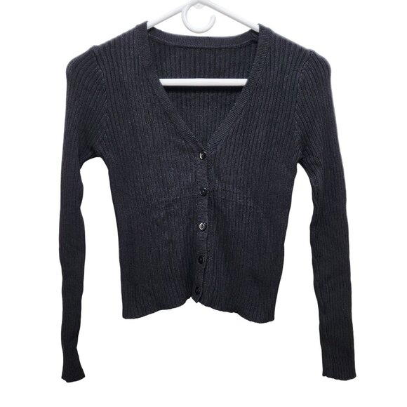 Womens Ribbed Black Cardigan Sweater V-Neck Midi Size XS - Picture 1 of 5